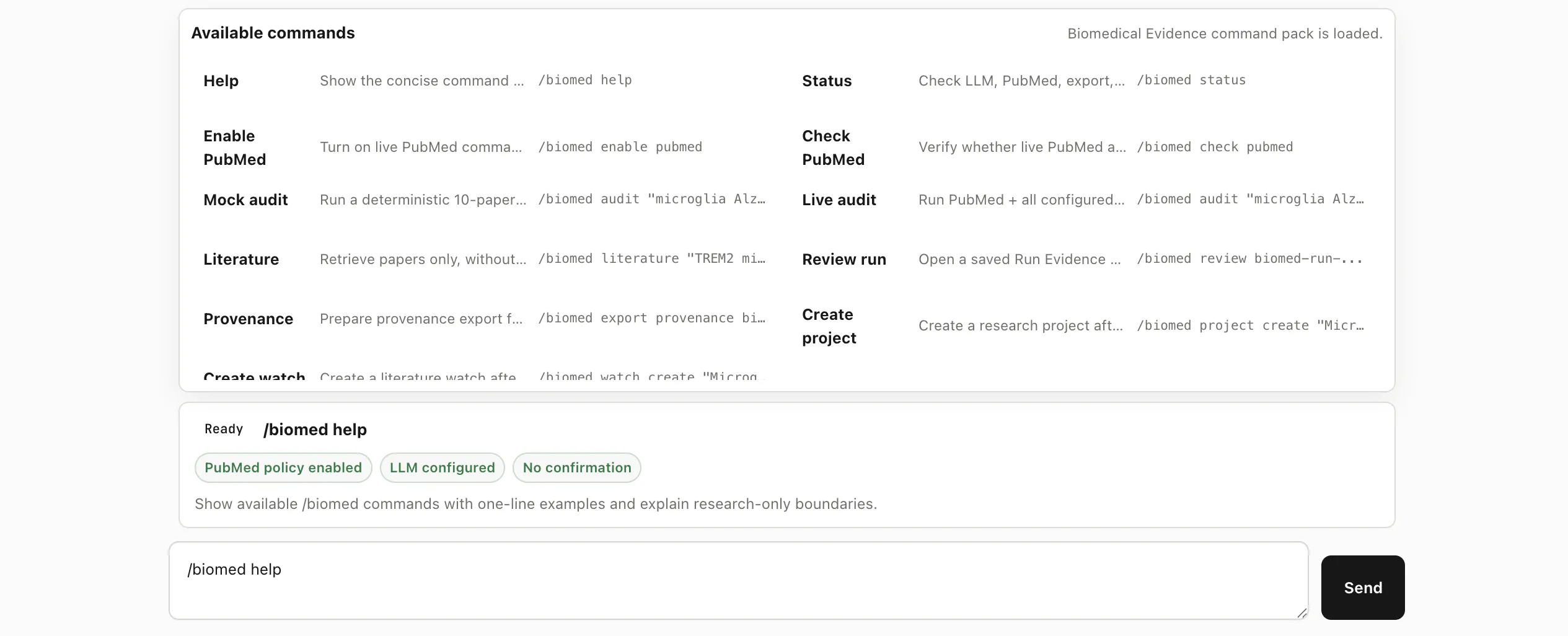 Akashic Biomedical Evidence dashboard showing the available /biomed slash commands, including help, status, PubMed checks, mock audit, live audit, literature, provenance, review run, and project commands.