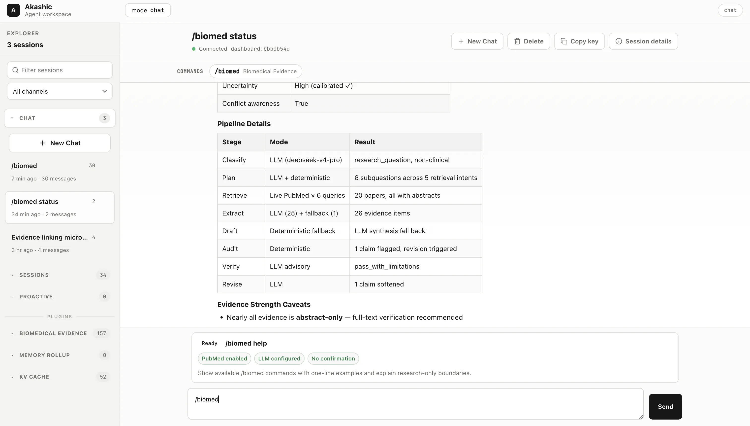 Akashic Biomedical Evidence dashboard showing /biomed status with PubMed enabled, LLM configured, pipeline details, uncertainty, conflict awareness, and command suggestions.