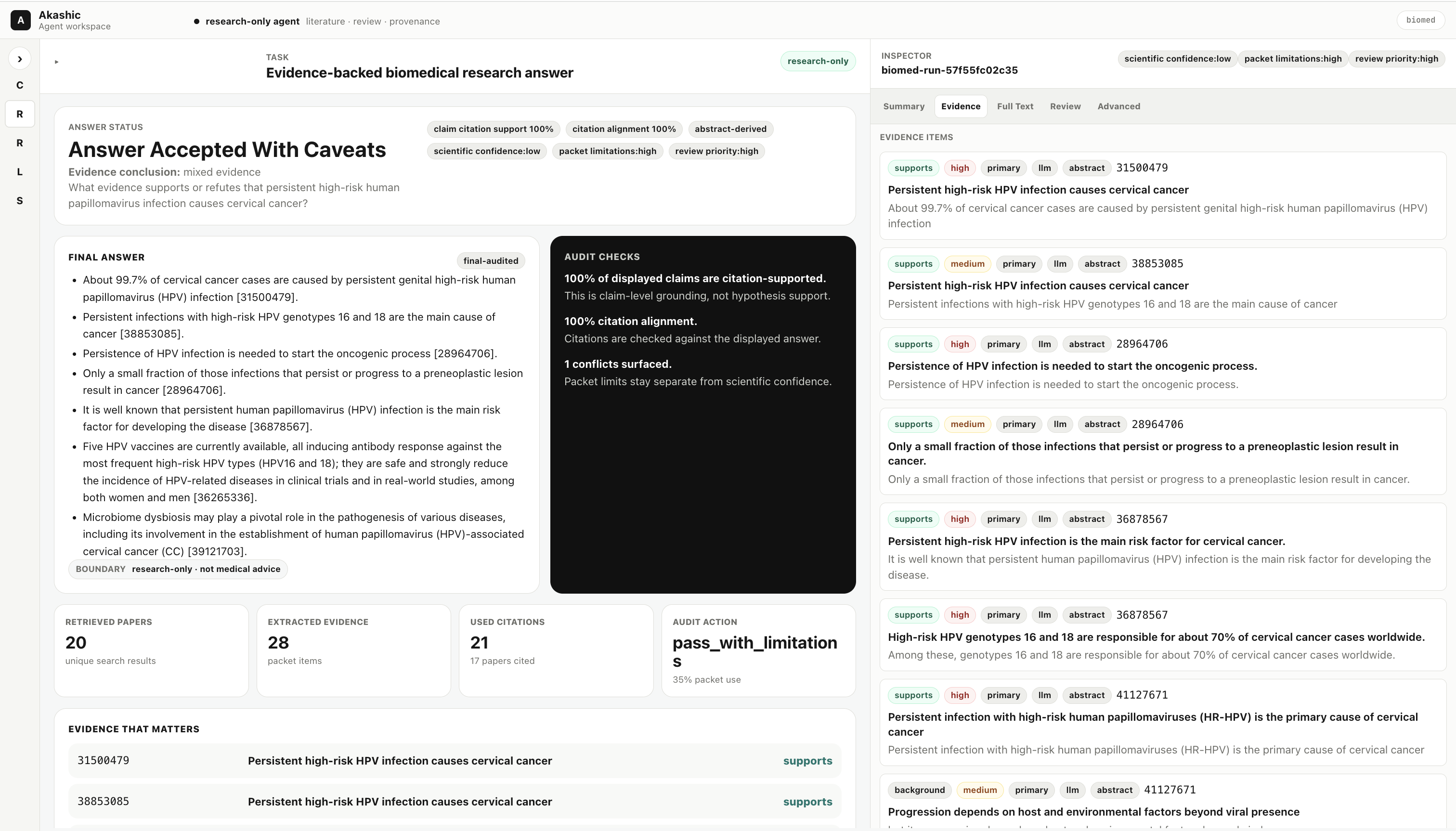 bio-agent dashboard showing an accepted biomedical answer with caveats, audit checks, and claim-level evidence items